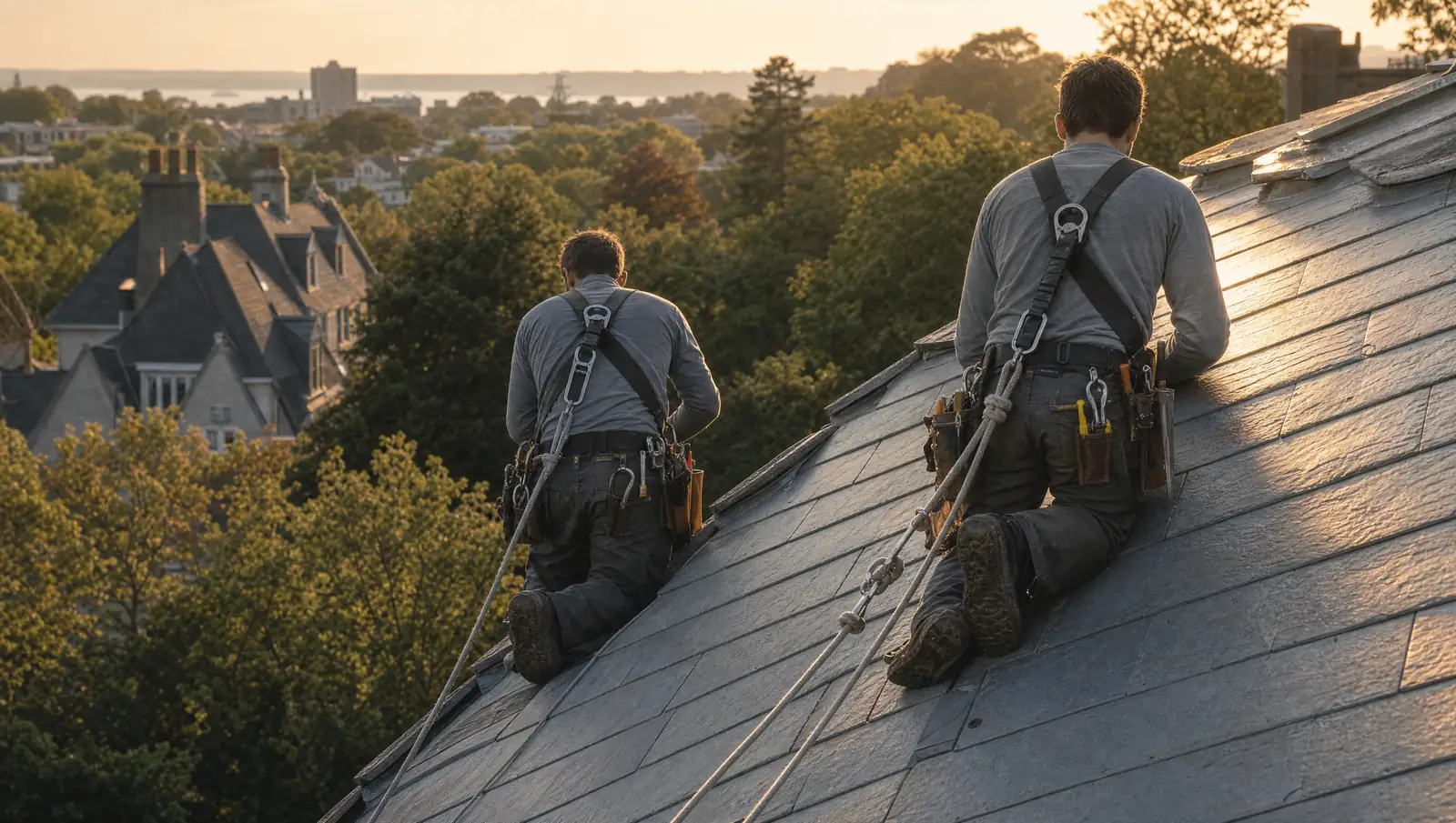 The Ridgeline crew working a steep slate roof, backs to the camera