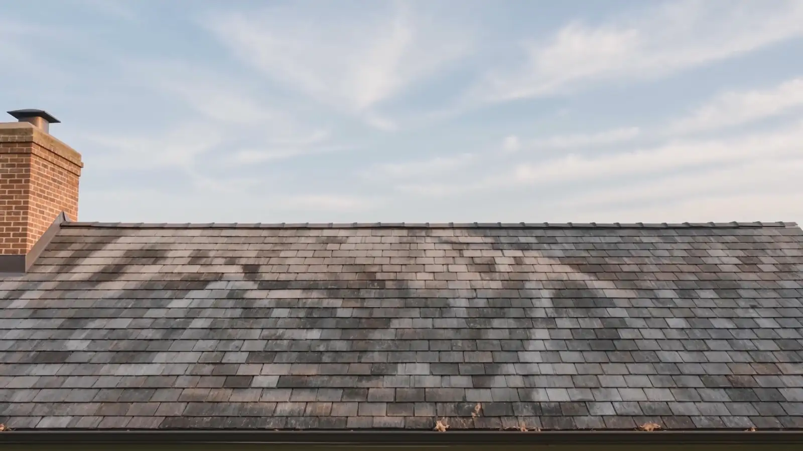 Looking up a finished slate and standing-seam roofline against the sky