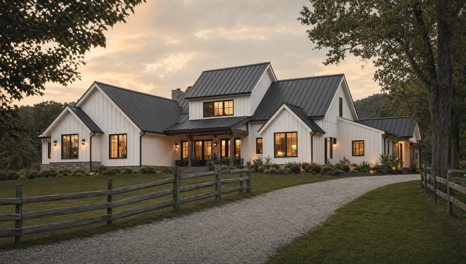 The Farmhouse · Standing seam, charcoal, panels folded on site. Rain sounds better than you'd think.